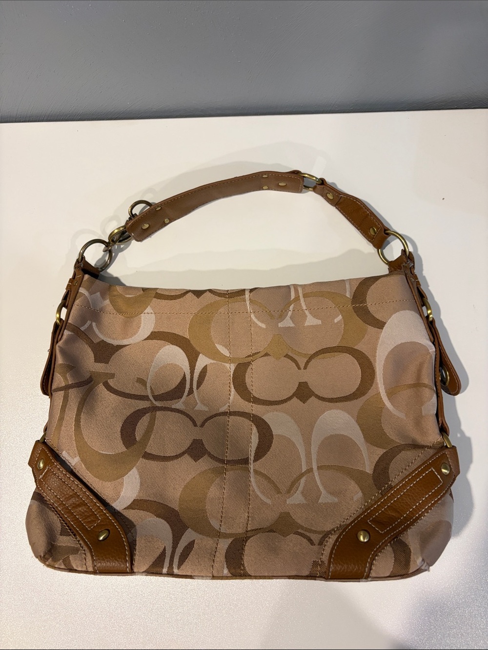 Coach Signature Canvas Shoulder Bag in Tan and Brown